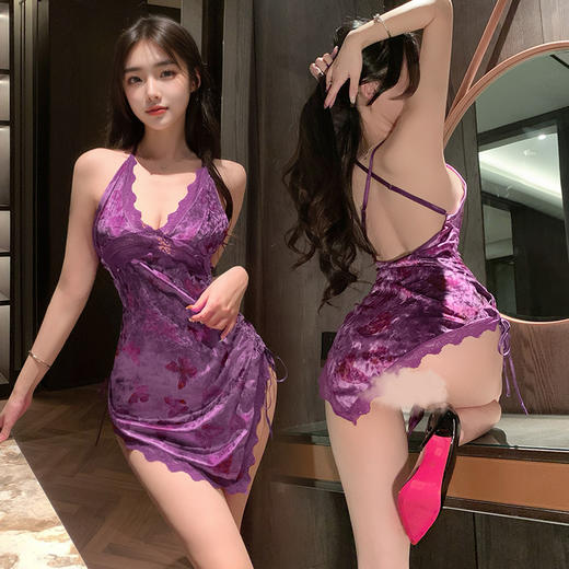 霏慕 蝴蝶印花深V丝绒连衣裙7852 情趣内衣女约会战袍床上诱惑免脱激情睡衣 商品图9