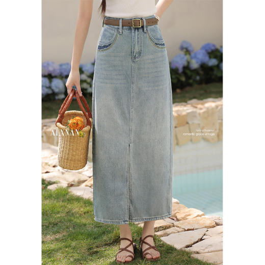 鹿向南「百搭神器」直筒开叉牛仔半身裙L53308 商品图0