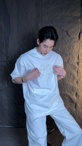 35030夏季新款时尚个性美式珠子字母纯色圆领短袖T恤百搭潮流简约上衣