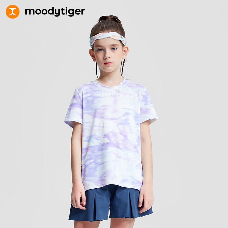 【DR暑假】moodytiger女童夏季新款中大童印花个性背开叉速干短袖T恤32210103