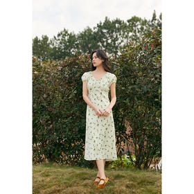 HeyDress法式茉莉印花连衣裙女夏季V领收腰设计浪漫气质度假裙子