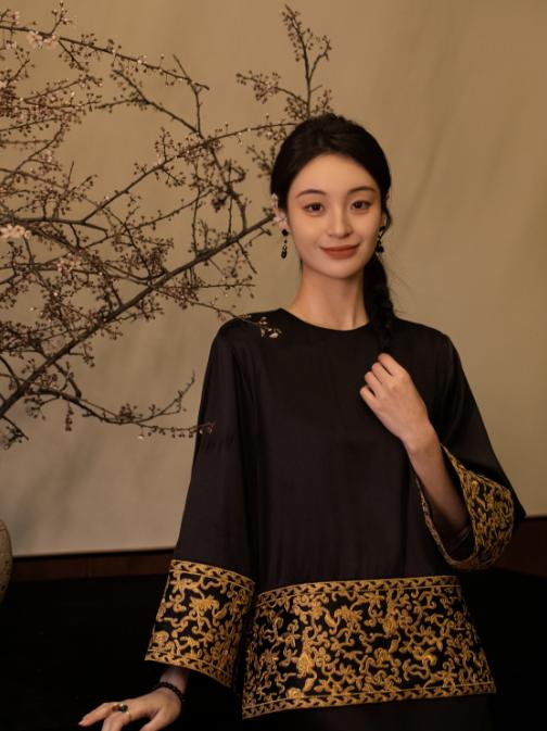 盛唐牡丹 |盘金手推绣真丝上衣 商品图0