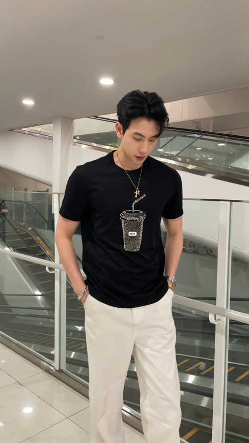 T2619夏季新款时尚个性美式纯色重工烫钻水杯圆领短袖T恤百搭潮流上衣