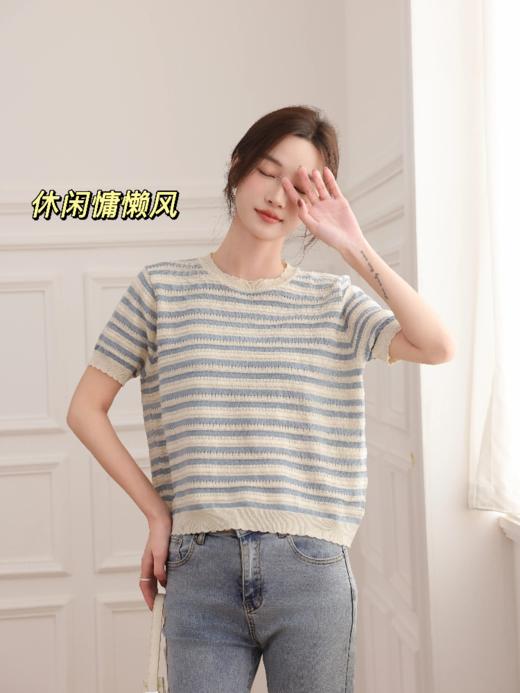 MUYANHUAN 初夏天丝亚麻针织衫，亲肤舒适，松弛感慵懒感的条纹衫 商品图4