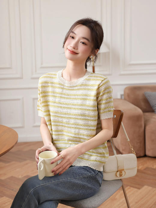 MUYANHUAN 初夏天丝亚麻针织衫，亲肤舒适，松弛感慵懒感的条纹衫 商品图6