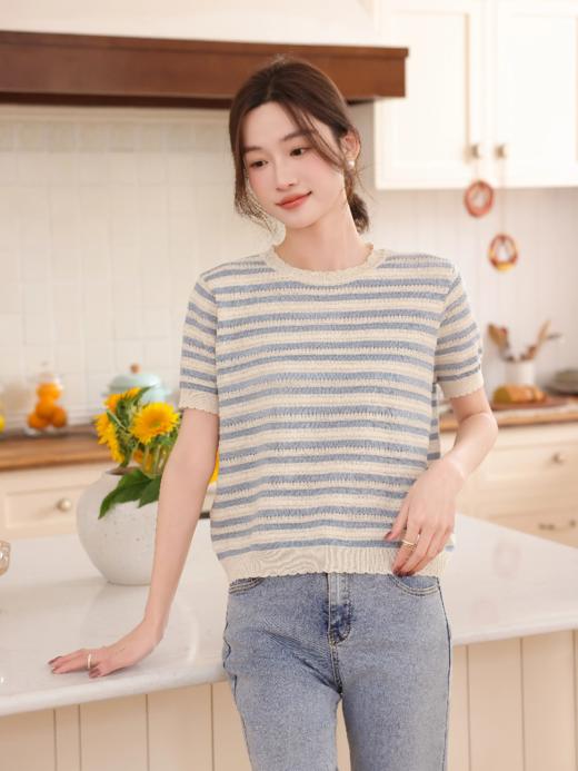 MUYANHUAN 初夏天丝亚麻针织衫，亲肤舒适，松弛感慵懒感的条纹衫 商品图5