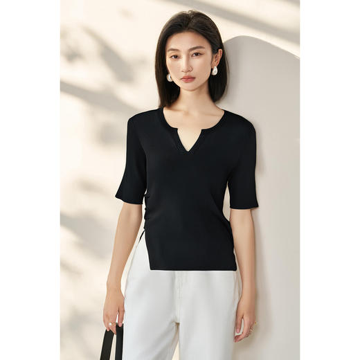 米思阳2025夏季新款设计感显瘦V领开叉针织T恤简约高级感上衣1005 商品图1