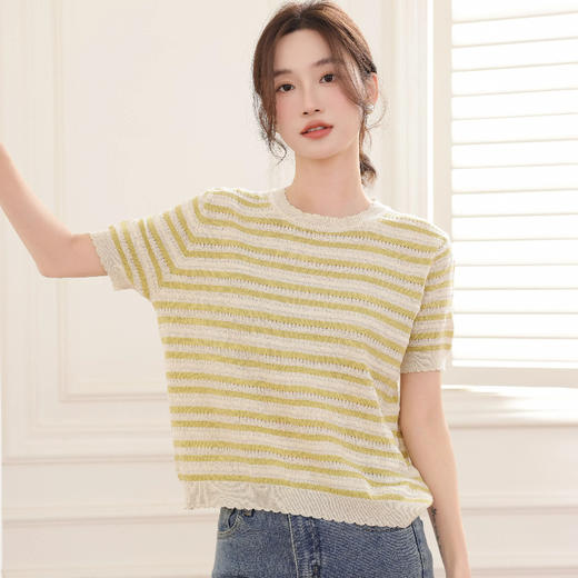 MUYANHUAN 初夏天丝亚麻针织衫，亲肤舒适，松弛感慵懒感的条纹衫 商品图2
