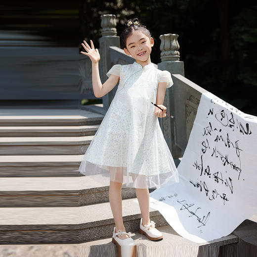 女童国风优雅立领盘扣清爽短袖连衣裙夏季新款安奈儿童装EG523105 商品图3