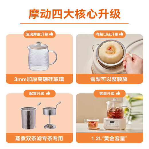 【可鲜炖整颗梨】摩动花茶壶 一壶多用 大口径茶篮 蒸煮双茶滤 专茶专泡 全玻璃杯身 10大养生功能 1.2L大容量MD-YS01 商品图1