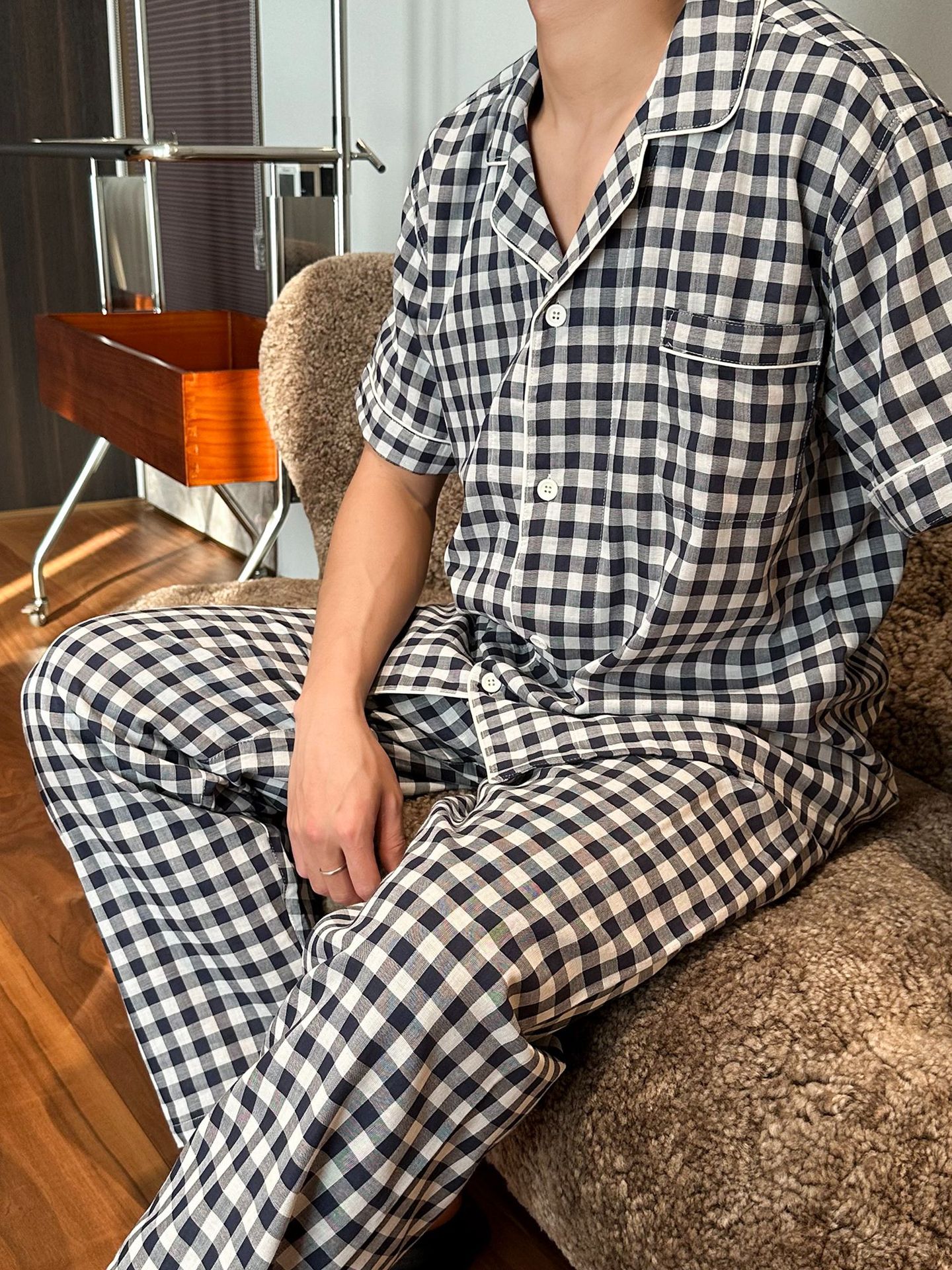 双层纱家居服 无侧缝棉质双层纱短袖长裤可外穿男女情侣睡衣裤套装