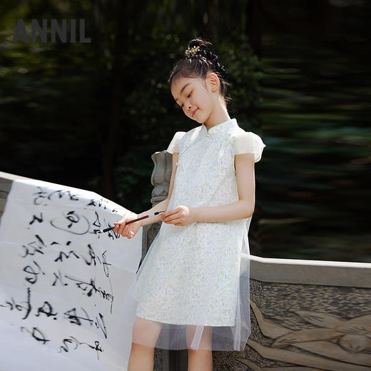 女童国风优雅立领盘扣清爽短袖连衣裙夏季新款安奈儿童装EG523105 商品图1