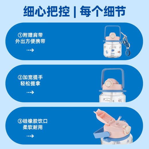 【样品清仓特惠4折，无货退款】膳魔师海洋系列夏季大容量可斜挎吸管儿童水杯大容量水壶1200ml 蓝色【不支持补差，非质量问题不退不换】S 商品图6