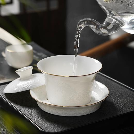 辰龙戏水陶瓷茶具茶碗茶杯浮雕手绘鎏金成艺隐雕辰龙戏水全组（9件套 商品图5