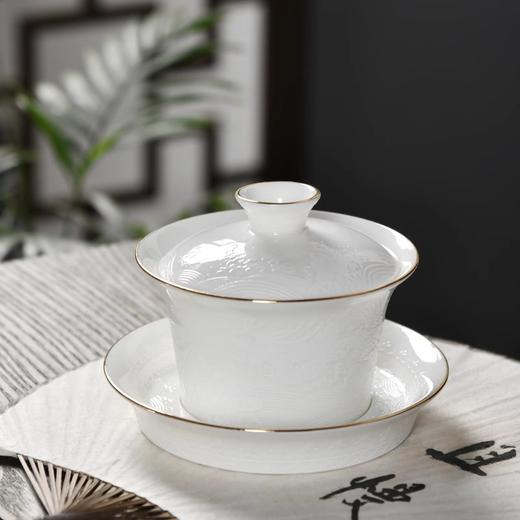 辰龙戏水陶瓷茶具茶碗茶杯浮雕手绘鎏金成艺隐雕辰龙戏水全组（9件套 商品图1