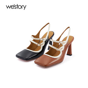 westory2023年夏季新款细高跟优雅通勤方头牛皮空鞋女羊皮内里内垫73001