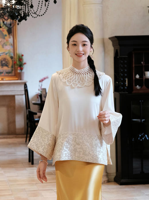 盛唐牡丹 |盘银手推绣真丝上衣+宫廷钉珠装饰云肩/珍珠白 商品图4