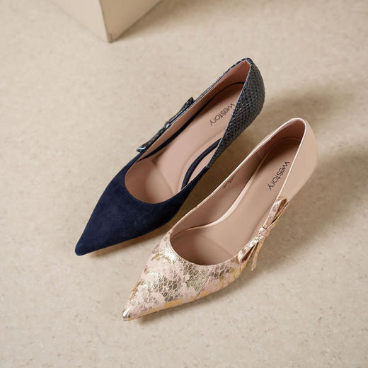 Westory2025年春季低跟尖头蛇皮拼接时装通勤宴会浅口单鞋S25AE58221 商品图0