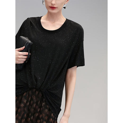 COCOBELLA满天星亮片捏褶25夏短袖T恤不规则气质针织衫TS3200 商品图1