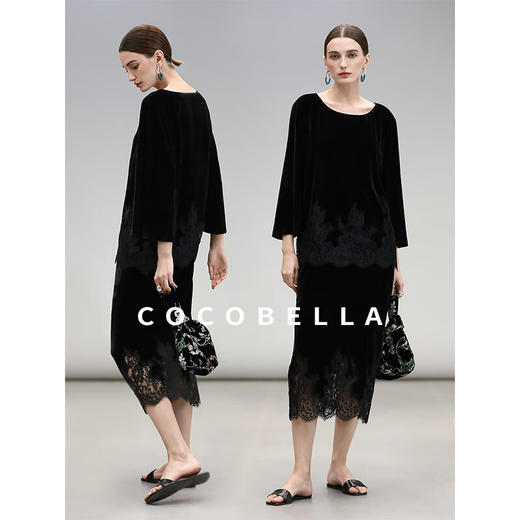 COCOBELLA静奢风丝绒上衣女不规则蕾丝拼接优雅通勤T恤TS3038 商品图0