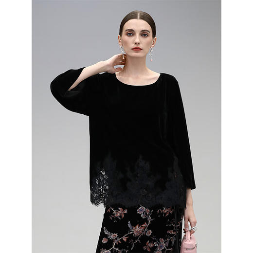 COCOBELLA静奢风丝绒上衣女不规则蕾丝拼接优雅通勤T恤TS3038 商品图1