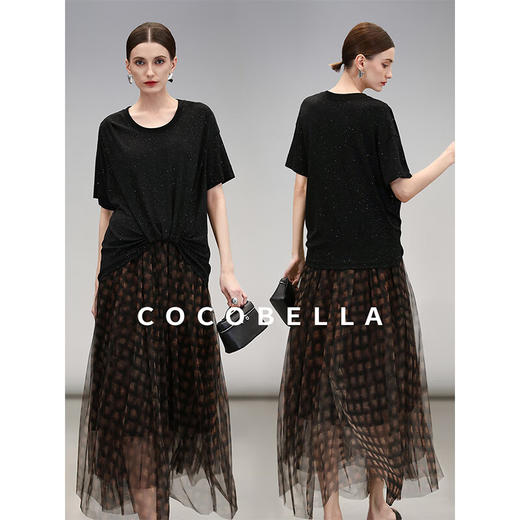 COCOBELLA满天星亮片捏褶25夏短袖T恤不规则气质针织衫TS3200 商品图2