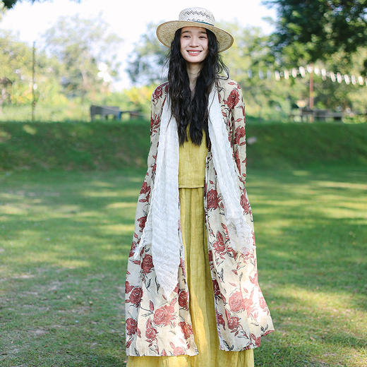 绽放旅行女装075朵/山茶花连衣裙苎麻印花交叠开门襟长袖开衫裙子 商品图2