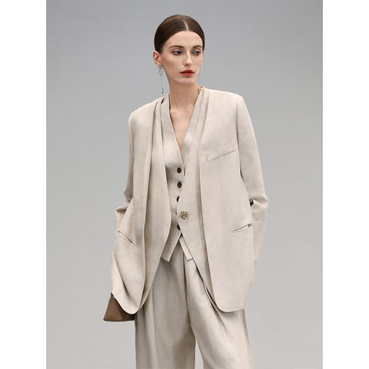 COCOBELLA重工贡针假两件亚麻西装女气质通勤裸领西服SI3001 商品图3