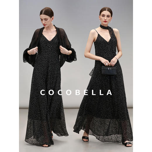 COCOBELLA设计感领巾复古波点吊带裙烧花肌理感连衣裙FR0063 商品图1