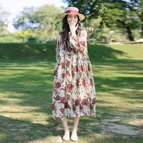 绽放旅行女装075朵/山茶花连衣裙苎麻印花交叠开门襟长袖开衫裙子