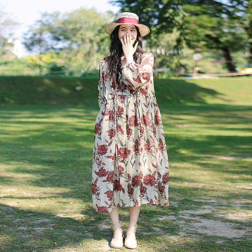 绽放旅行女装075朵/山茶花连衣裙苎麻印花交叠开门襟长袖开衫裙子 商品图0