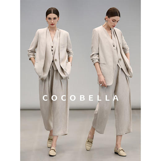 COCOBELLA重工贡针假两件亚麻西装女气质通勤裸领西服SI3001 商品图2