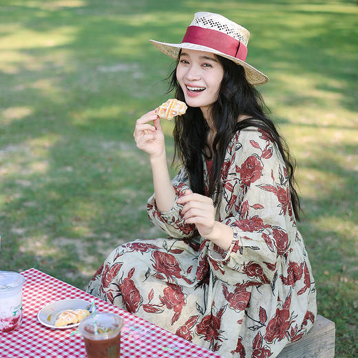 绽放旅行女装075朵/山茶花连衣裙苎麻印花交叠开门襟长袖开衫裙子 商品图4