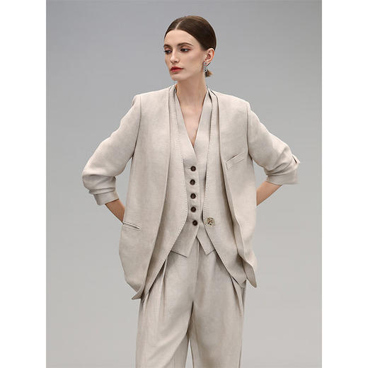 COCOBELLA重工贡针假两件亚麻西装女气质通勤裸领西服SI3001 商品图1