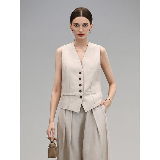 COCOBELLA简约凉爽亚麻无领西装马夹25夏气质通勤马甲WS0006 商品图0