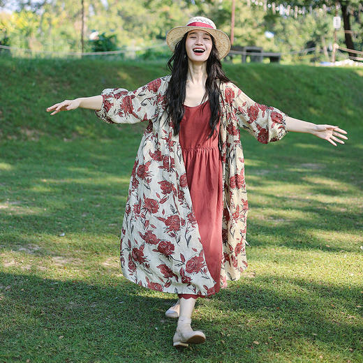 绽放旅行女装075朵/山茶花连衣裙苎麻印花交叠开门襟长袖开衫裙子 商品图1