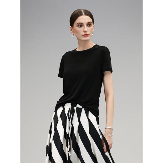 COCOBELLA呼吸感针织短袖T恤女夏简约黑色基础打底上衣TS0062 商品图1