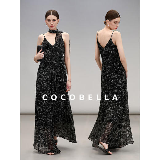 COCOBELLA设计感领巾复古波点吊带裙烧花肌理感连衣裙FR0063 商品图2