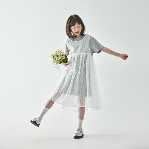 棵初2025年夏季新款女童两件套连衣裙叠穿长款T恤雪纺罩衫套装裙 商品图3