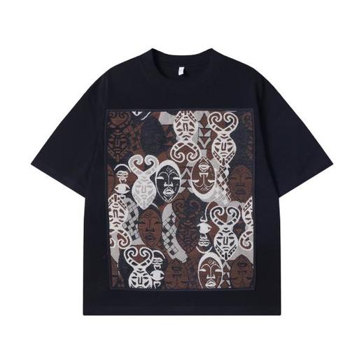 T2790夏季高级感新款国风撞色刺绣圆领短袖T恤百搭潮流宽松复古上衣 商品图1