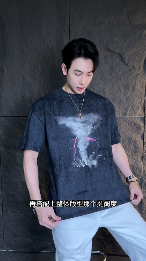 T2776夏季高级感新款个性满天星闪电龙卷风圆领短袖T恤百搭潮流上衣