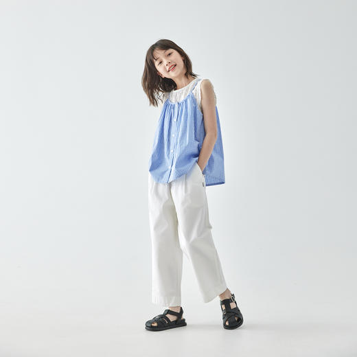 棵初2025年夏季新款童装白色全棉休闲裤亲子装腰间打褶9分宽松裤 商品图1