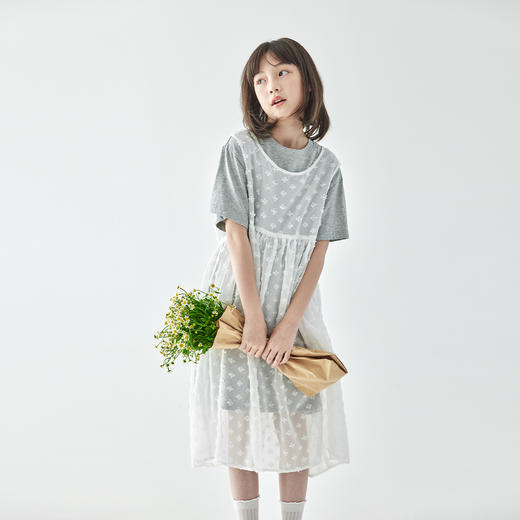 棵初2025年夏季新款女童两件套连衣裙叠穿长款T恤雪纺罩衫套装裙 商品图2