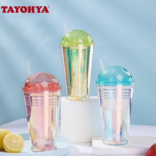 【多样屋专柜】多样屋大容量双层塑料咖啡杯奶茶水杯 炫彩吸管杯-550ml-湖蓝 商品图0