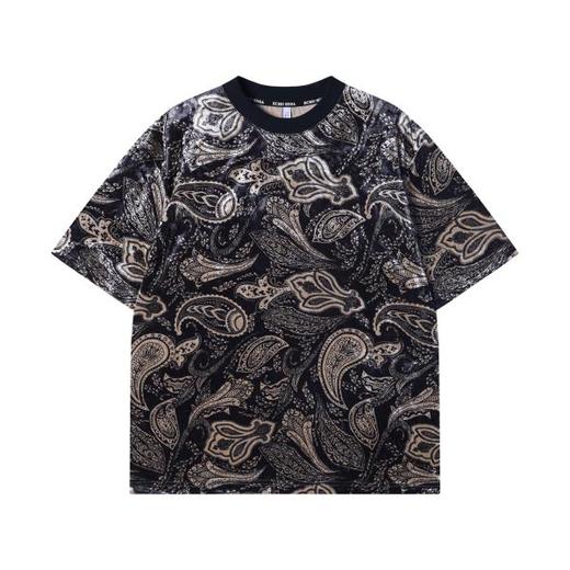 T2842夏季高级感新款潮牌撞色简约绒面圆领短袖T恤百搭潮流复古上衣 商品图1