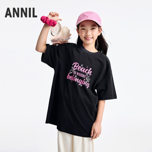 【宽松随性百搭T】女童圆领速干短袖t恤oversize夏季新款安奈儿童装小程序专享EG521151 商品图1