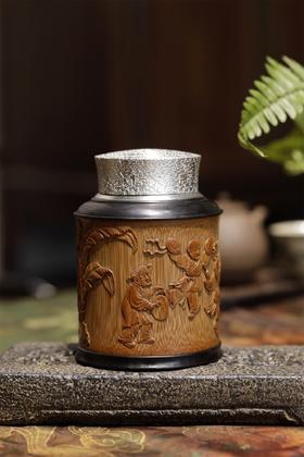 五子闹春°锡胆竹雕茶叶罐
