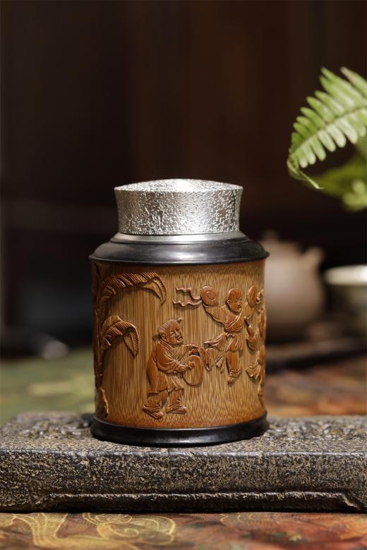 五子闹春°锡胆竹雕茶叶罐 商品图0
