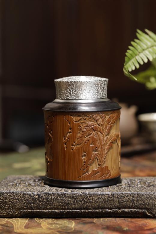 五子闹春°锡胆竹雕茶叶罐 商品图3