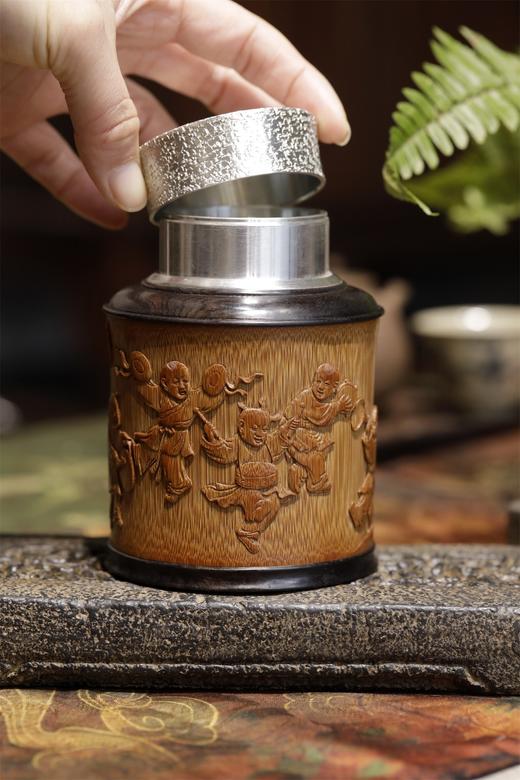 五子闹春°锡胆竹雕茶叶罐 商品图5